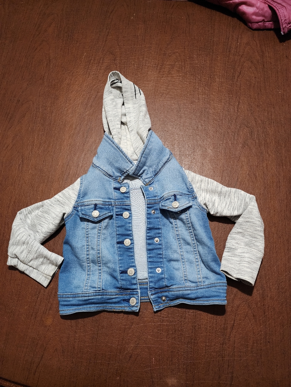 Cat & Jack Light Blue Denim Jacket with Gray Hoodie Sleeves - Picture 2 of 7